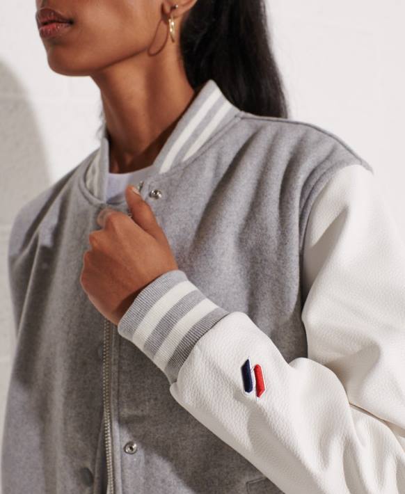 kadınlar Superdry açık gri yün kolej beyzbol ceketi NNTB5585