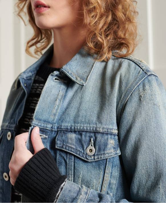 kadınlar Superdry açık mavi sınırlı sayıda kuru japon trucker ceket NNTB3841