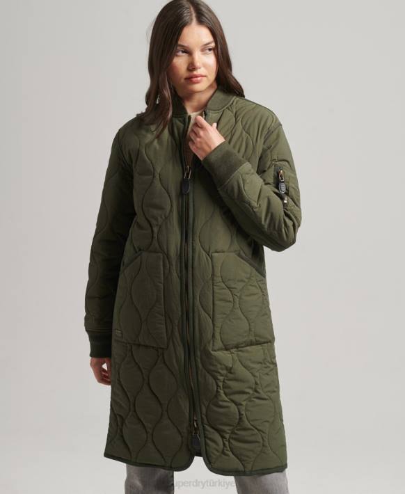 kadınlar Superdry haki uzun kapitone astarlı ceket NNTB5497