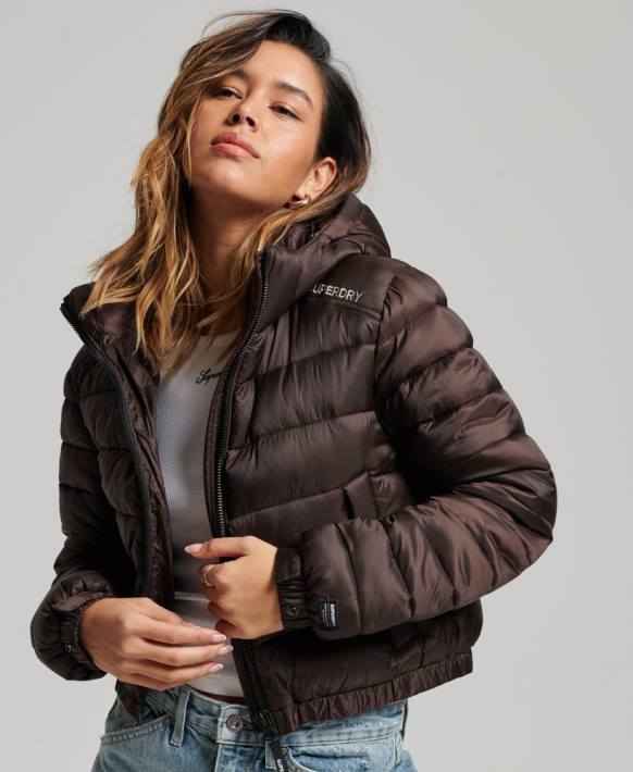 kadınlar Superdry kahverengi hafif, kısa, spor kapitone ceket NNTB3708