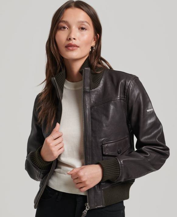 kadınlar Superdry kahverengi örgü yaka deri bomber ceket NNTB3546