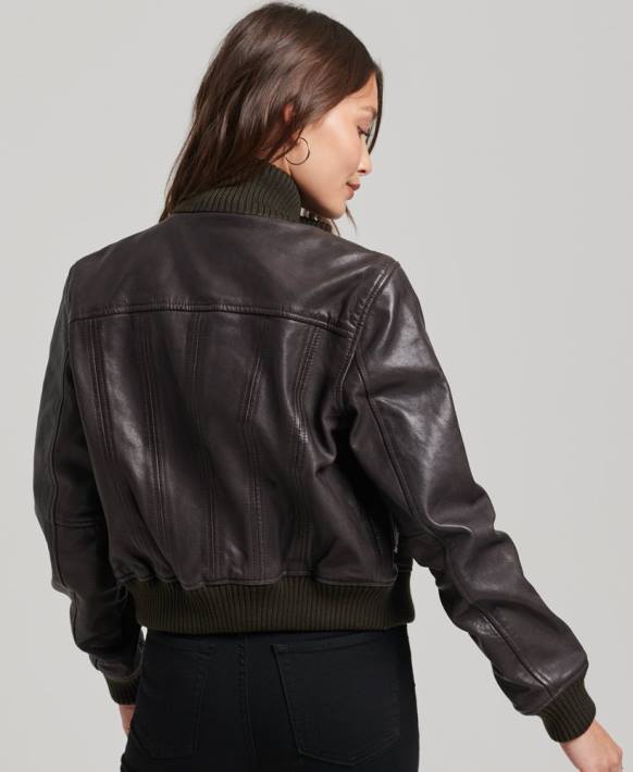 kadınlar Superdry kahverengi örgü yaka deri bomber ceket NNTB3546