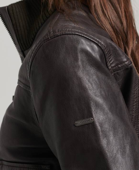 kadınlar Superdry kahverengi örgü yaka deri bomber ceket NNTB3546