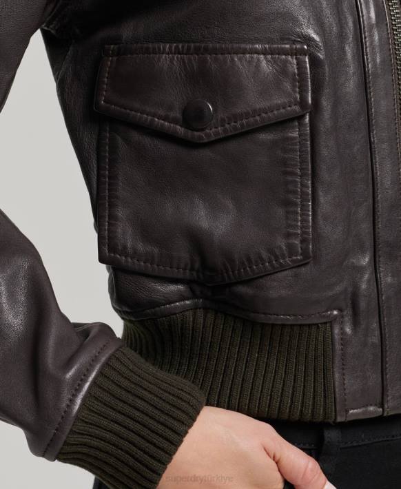 kadınlar Superdry kahverengi örgü yaka deri bomber ceket NNTB3546