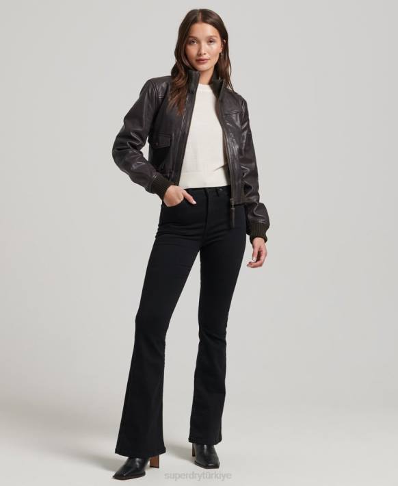 kadınlar Superdry kahverengi örgü yaka deri bomber ceket NNTB3546