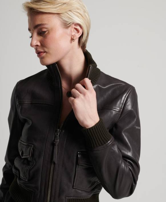 kadınlar Superdry kahverengi örme yaka deri bomber ceket NNTB3672