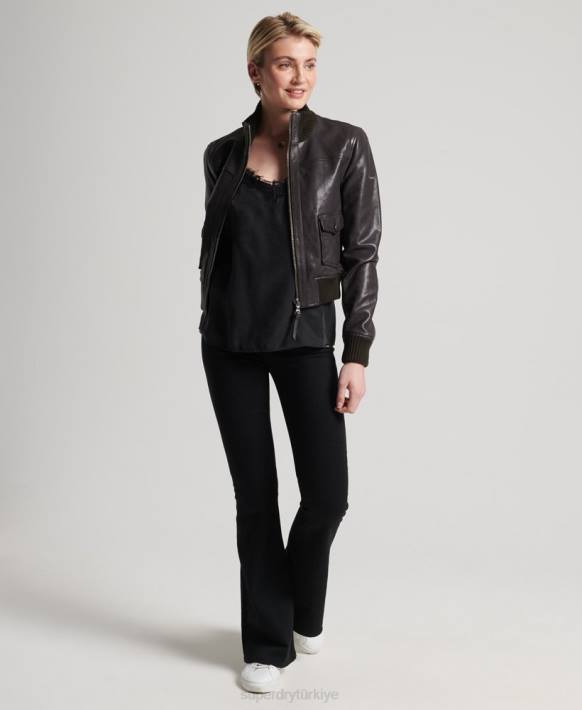 kadınlar Superdry kahverengi örme yaka deri bomber ceket NNTB3672