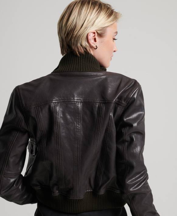 kadınlar Superdry kahverengi örme yaka deri bomber ceket NNTB3672