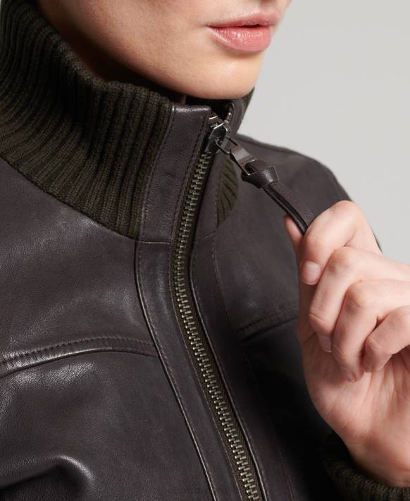 kadınlar Superdry kahverengi örme yaka deri bomber ceket NNTB3672