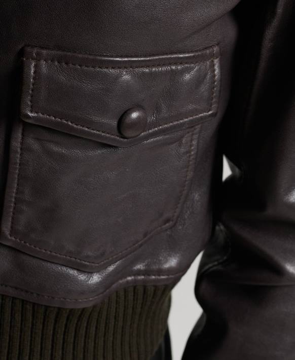 kadınlar Superdry kahverengi örme yaka deri bomber ceket NNTB3672