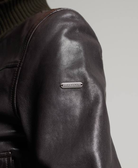 kadınlar Superdry kahverengi örme yaka deri bomber ceket NNTB3672