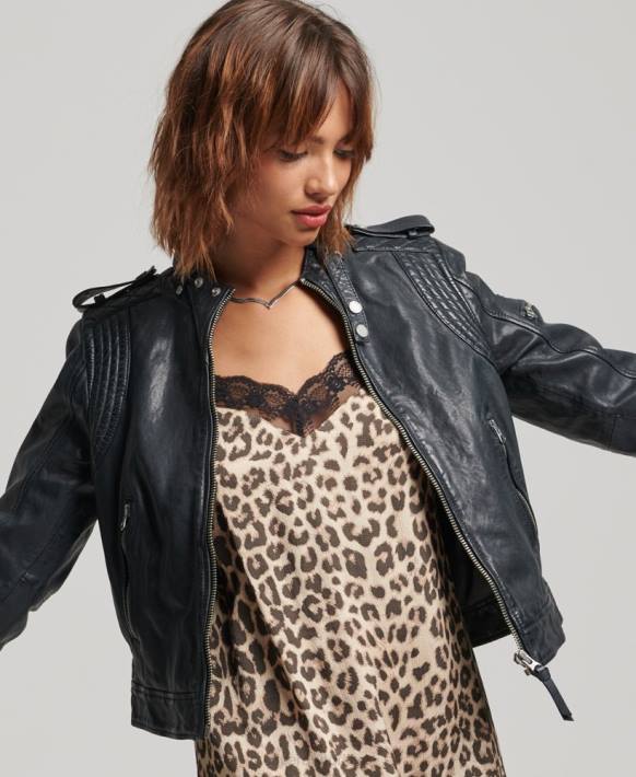 kadınlar Superdry koyu gri eski deri moto yarışçı ceketi NNTB2042