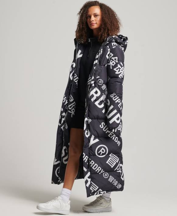 kadınlar Superdry siyah Her yeri baskılı uzun çizgi şişme ceket NNTB5653