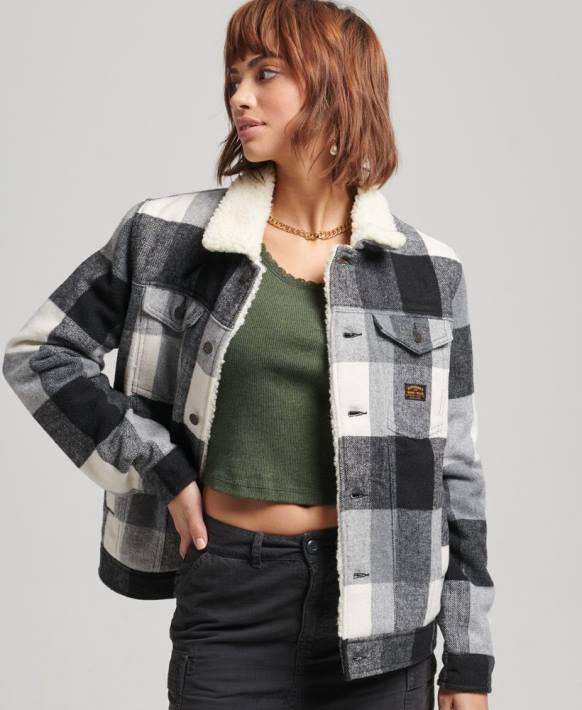 kadınlar Superdry siyah büyük beden yün shepa trucker ceket NNTB5727