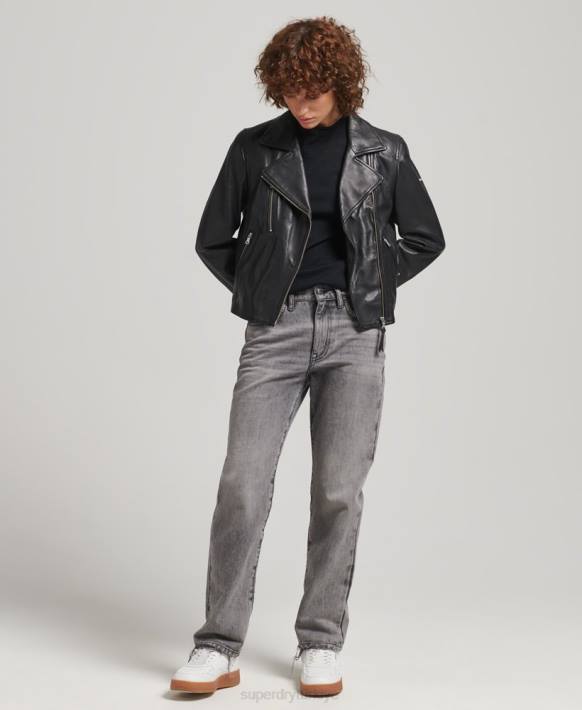 kadınlar Superdry siyah deri motorcu ceketi NNTB3590