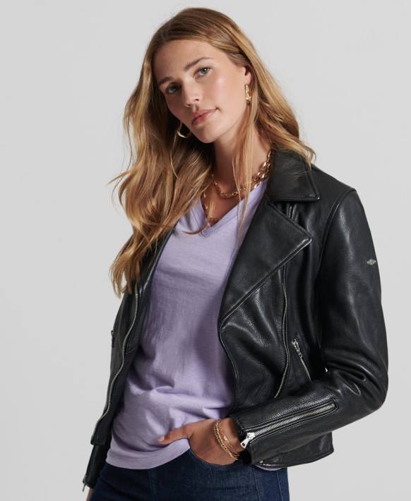 kadınlar Superdry siyah deri motorcu ceketi NNTB3844