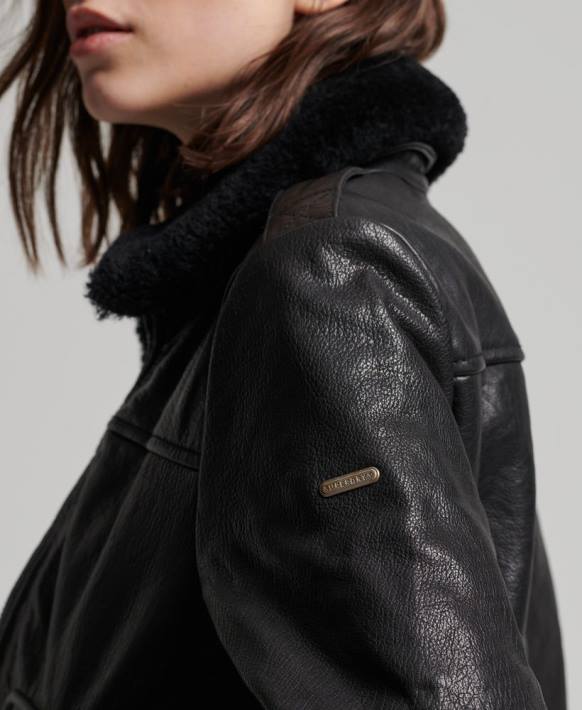 kadınlar Superdry siyah havacı uçuş deri ceket NNTB5702