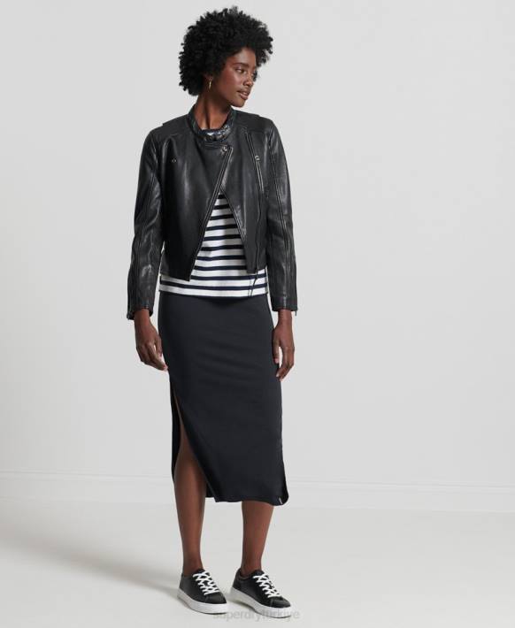 kadınlar Superdry siyah klasik deri yarışçı ceketi NNTB3717