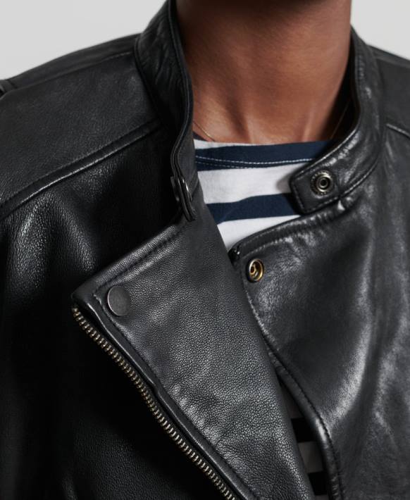 kadınlar Superdry siyah klasik deri yarışçı ceketi NNTB3717