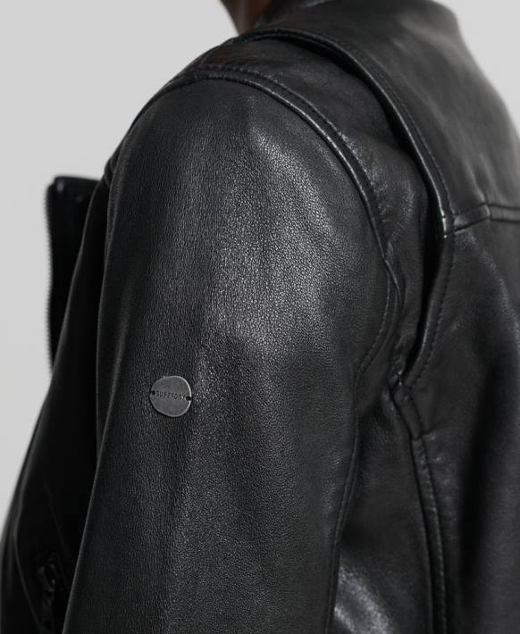 kadınlar Superdry siyah klasik deri yarışçı ceketi NNTB3717