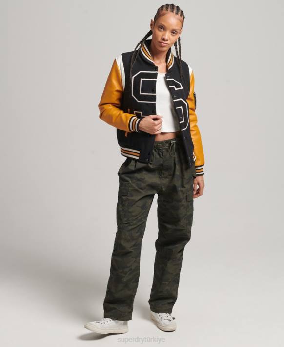kadınlar Superdry siyah üniversite yünlü pu bomber ceket NNTB5467