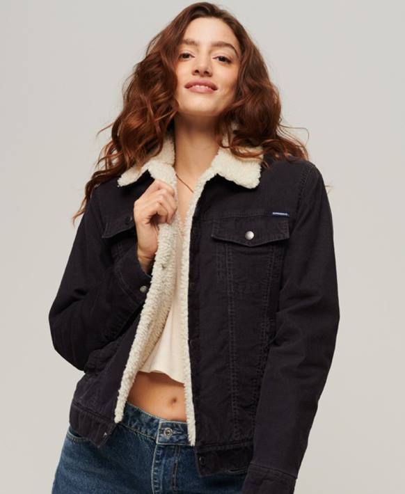 kadınlar Superdry siyah sherpa kordonlu kamyon şoförü ceketi NNTB3817
