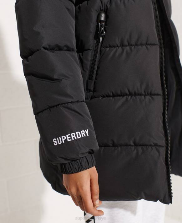 kadınlar Superdry siyah uzun çizgi spor şişme ceket NNTB5527