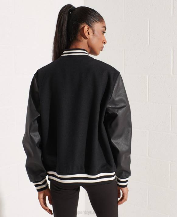 kadınlar Superdry siyah yün kolej beyzbol ceketi NNTB5726
