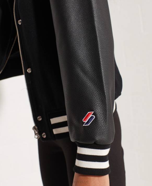kadınlar Superdry siyah yün kolej beyzbol ceketi NNTB5726