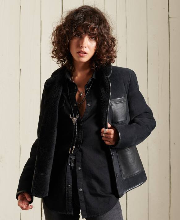 kadınlar Superdry siyah yünlü angarya ceketi NNTB5546