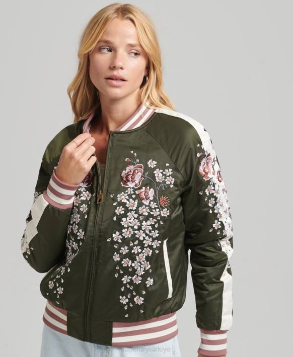 kadınlar Superdry yeşil sukajan işlemeli bomber ceket NNTB5660