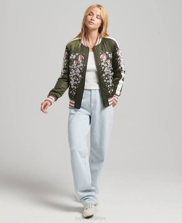 kadınlar Superdry yeşil sukajan işlemeli bomber ceket NNTB5660