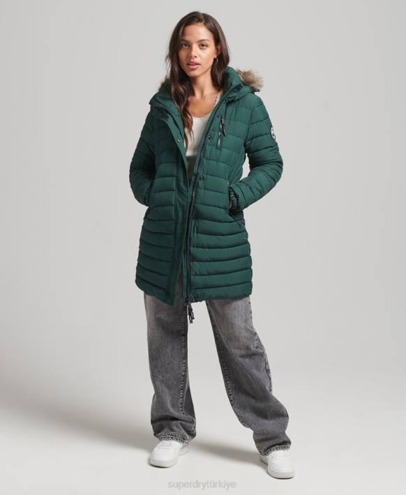 kadınlar Superdry yeşil suni kürk kapüşonlu orta boy şişme ceket NNTB3636