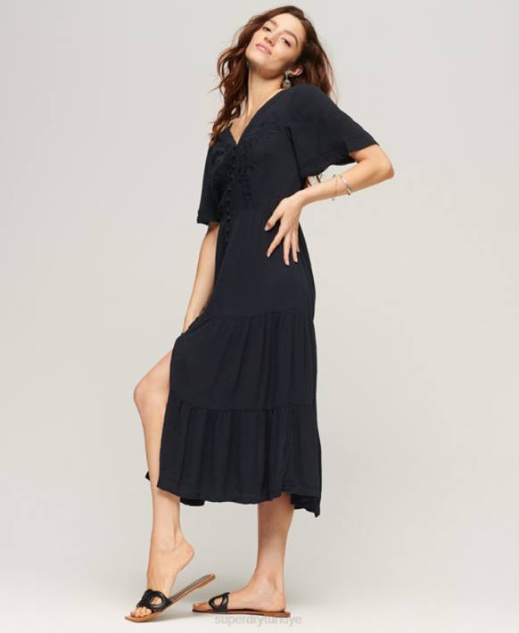 kadınlar Superdry Donanma işlemeli katlı midi elbise NNTB2236