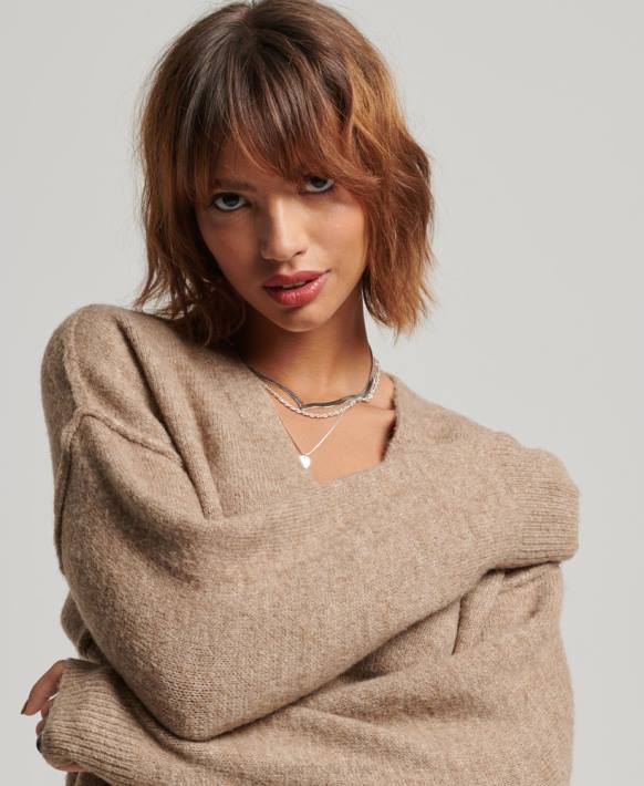 kadınlar Superdry bej örme v yaka kazak elbise NNTB2421