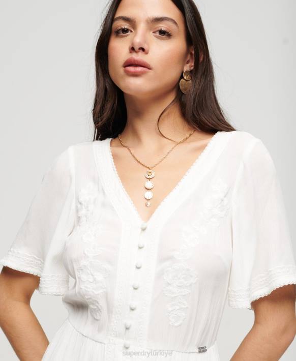 kadınlar Superdry beyaz işlemeli katlı midi elbise NNTB1985