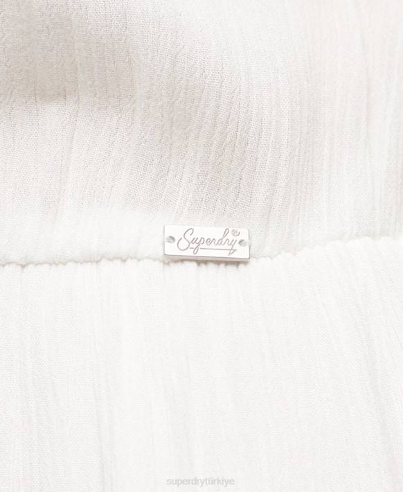 kadınlar Superdry beyaz işlemeli katlı midi elbise NNTB1985