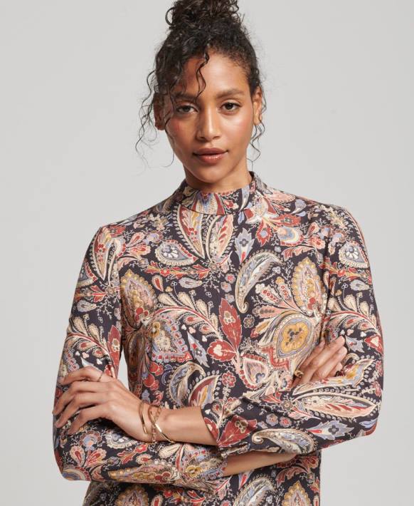 kadınlar Superdry bronzlaşmak uzun kollu baskılı mini elbise NNTB2476