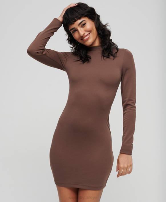 kadınlar Superdry kahverengi dik yaka jarse mini elbise NNTB2367