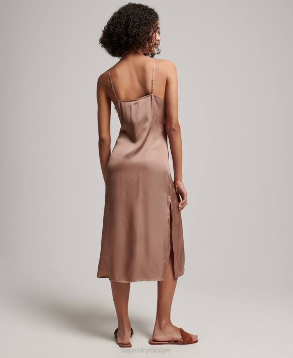 kadınlar Superdry kahverengi saten cami midi elbise NNTB2377