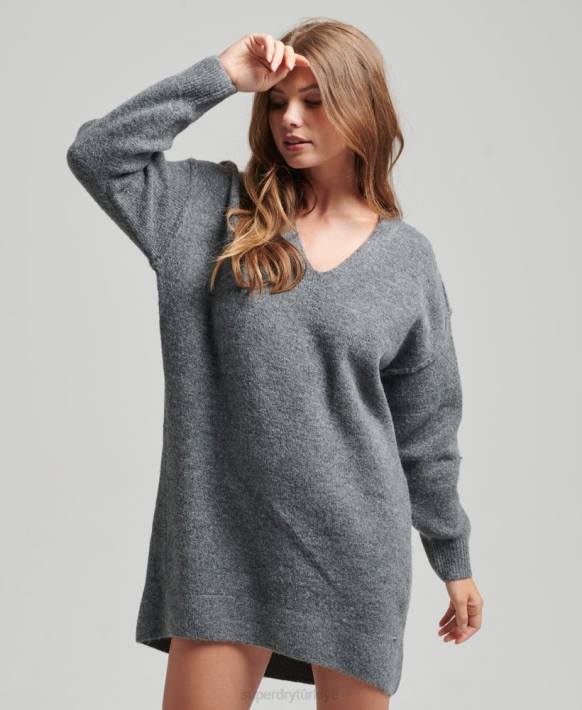 kadınlar Superdry koyu gri örme v yaka kazak elbise NNTB2442