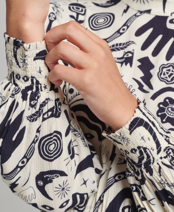 kadınlar Superdry krem baskılı midi uzun kollu elbise NNTB6707