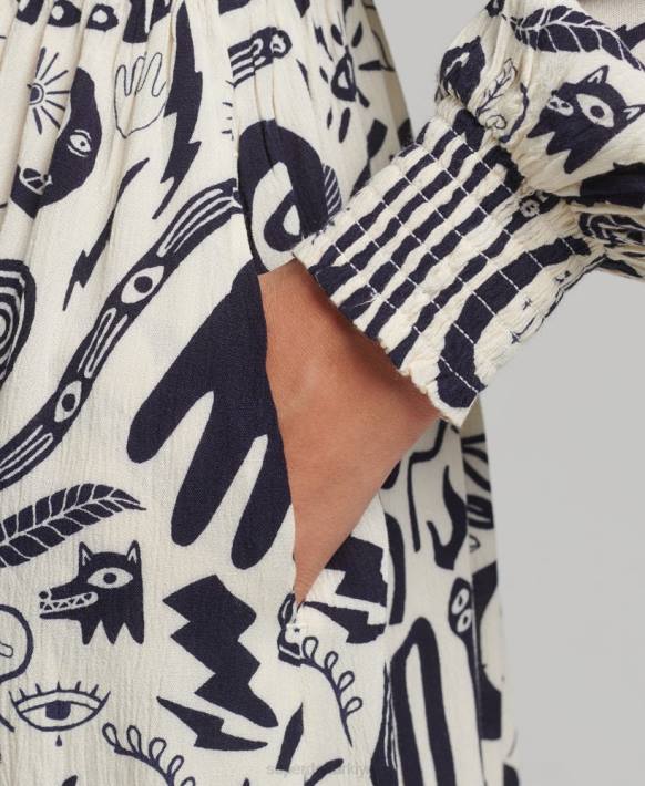 kadınlar Superdry krem baskılı midi uzun kollu elbise NNTB6707