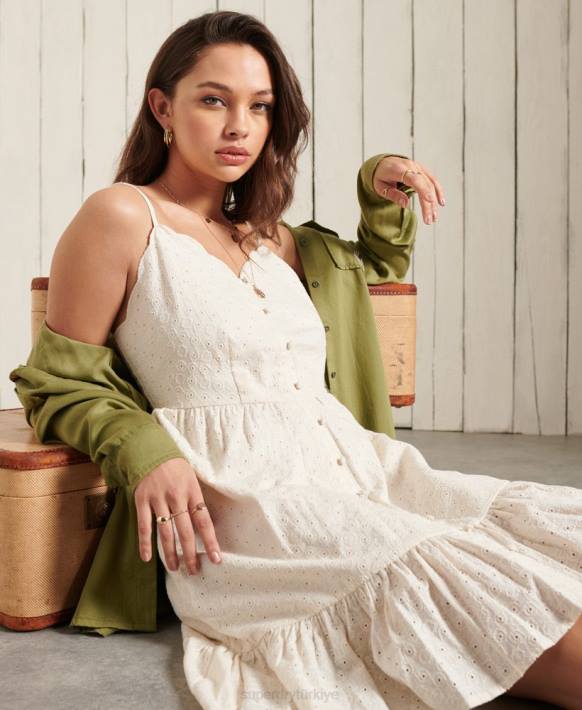 kadınlar Superdry krem broderie mini elbise NNTB2544