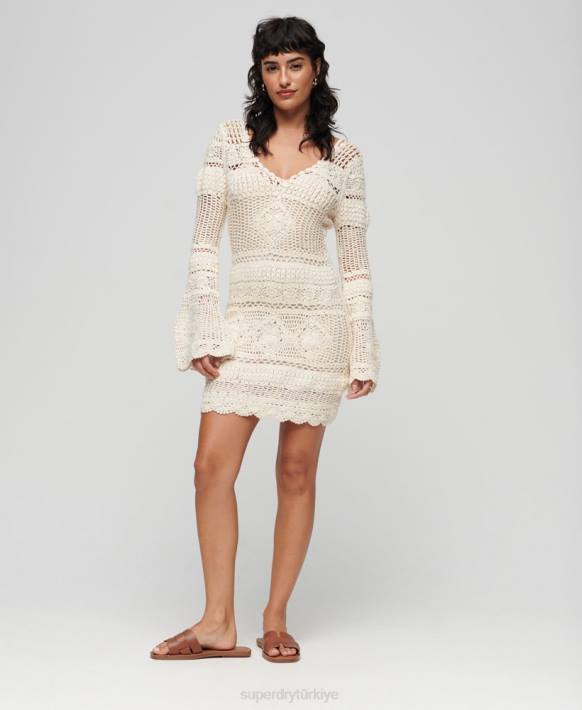 kadınlar Superdry krem tığ işi kloş kollu mini elbise NNTB1957