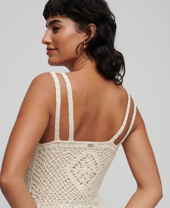 kadınlar Superdry krem tığ işi kolsuz midi elbise NNTB2425