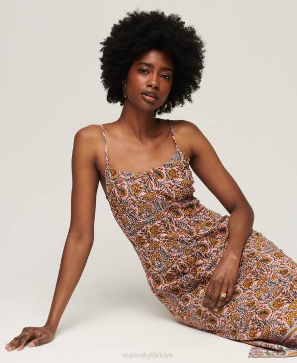 kadınlar Superdry pembe baskılı düğmeli midi elbise NNTB2009