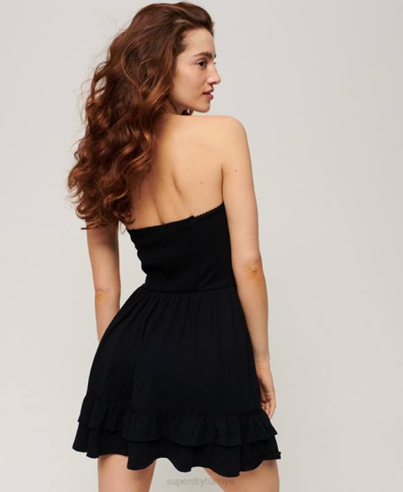 kadınlar Superdry siyah 50'ler dantel bandeau mini elbise NNTB2047