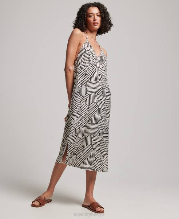 kadınlar Superdry siyah baskılı midi slip elbise NNTB2322