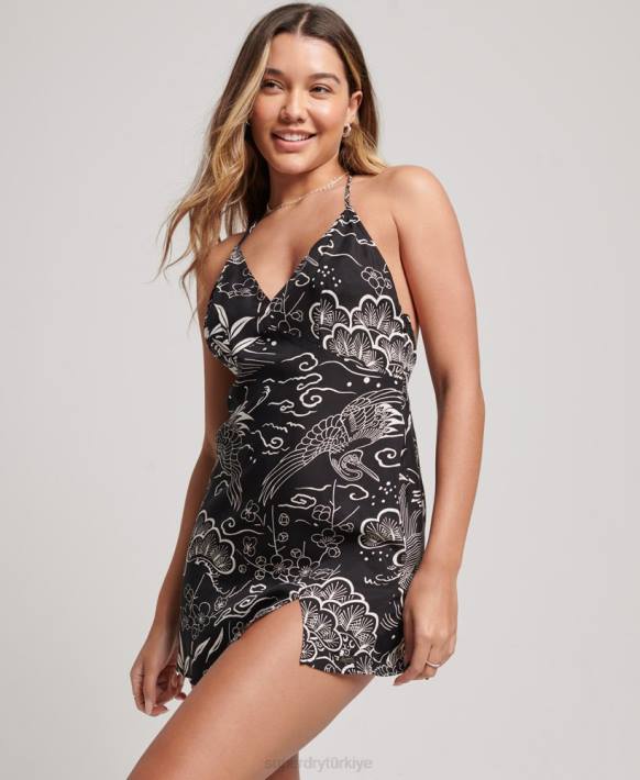 kadınlar Superdry siyah baskılı mini slip elbise NNTB2382